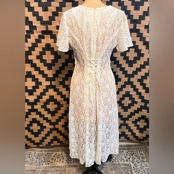 VINTAGE 80s lace corset tie back midi dress formal floral embroidery nylon white - Picture 5 of 11